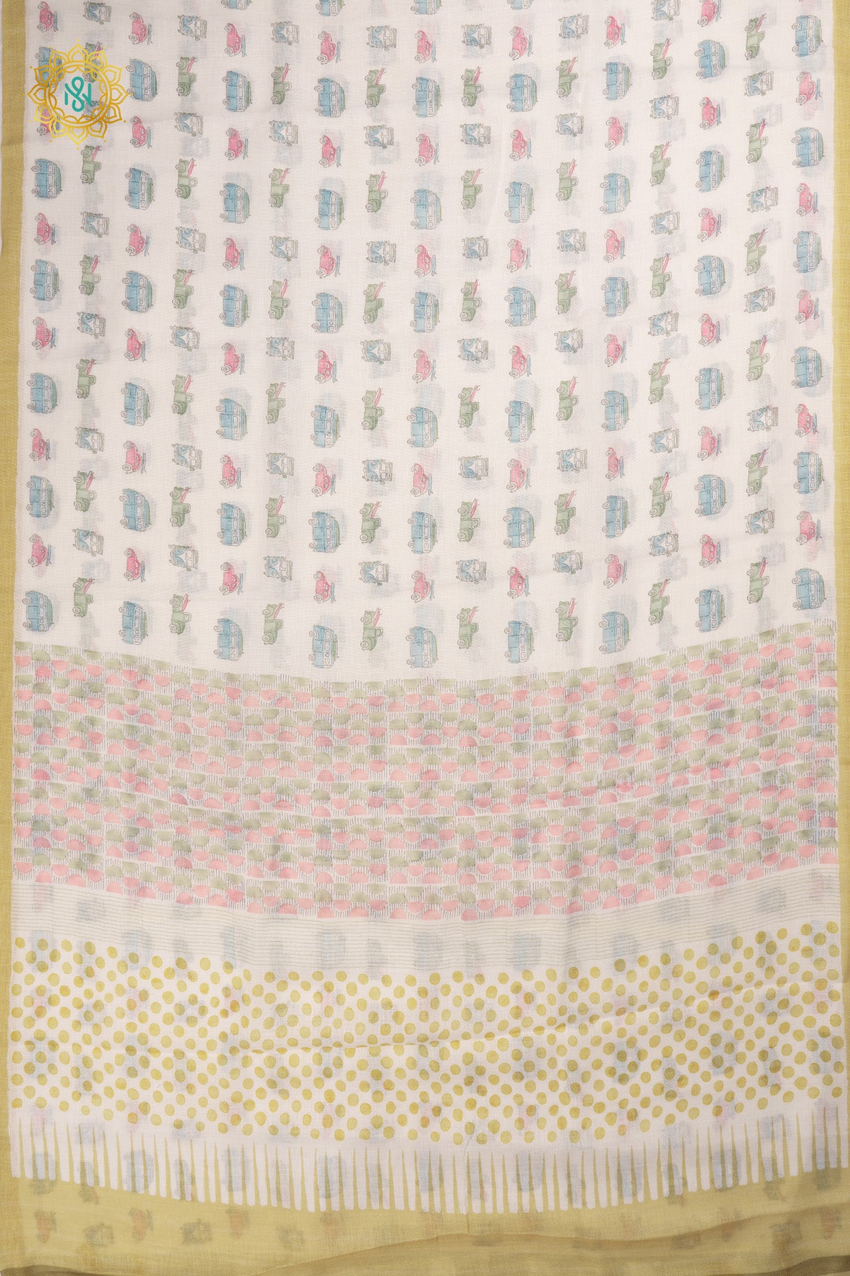 White with Yellow Linen Cotton Saree with Allover Pastel Vintage Vehicle Prints and Contrast Border