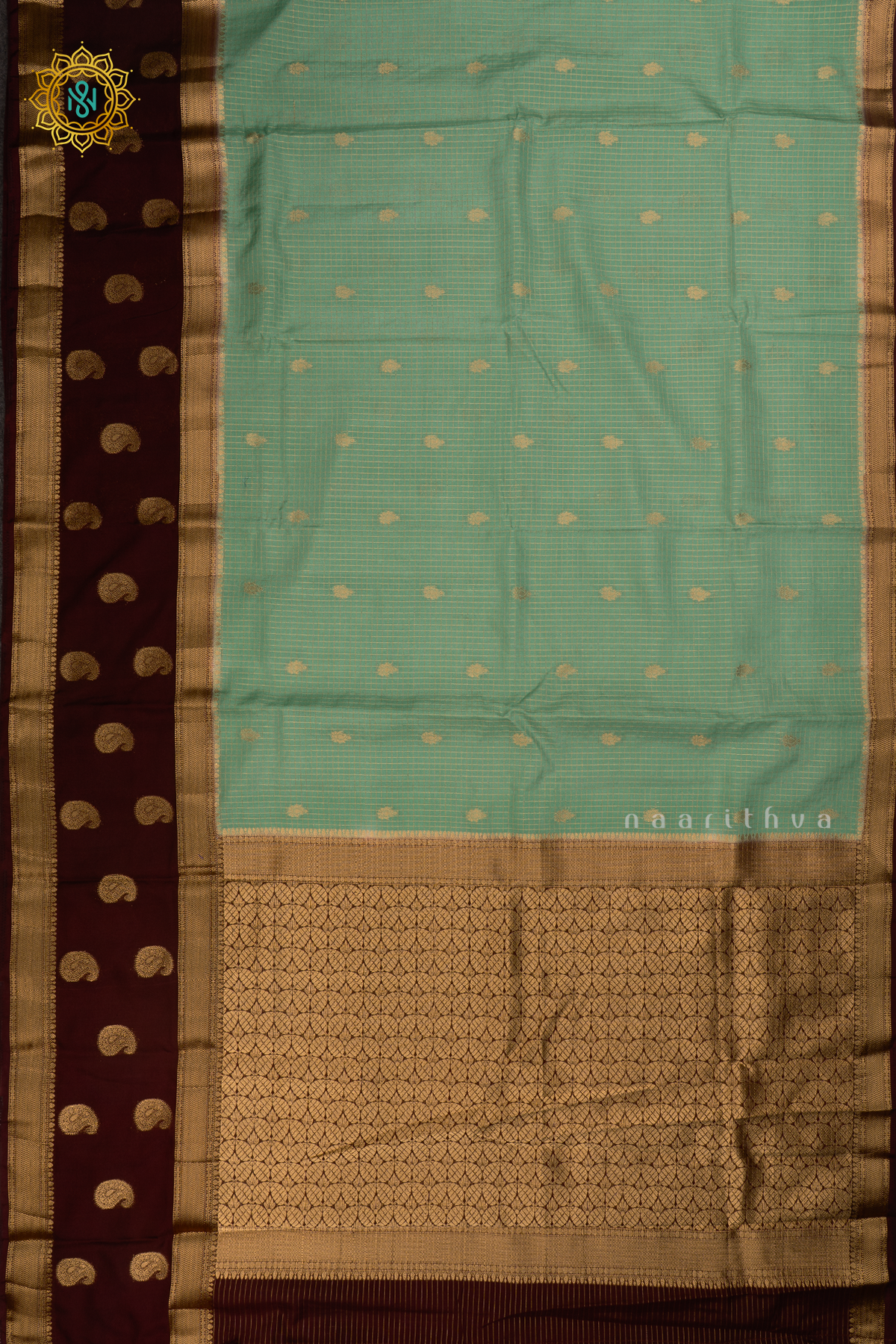 Aqua Green with Brown Semi Mysore Crepe Silk Saree with All-Over Zari Checks and Buttas and a Contrast Zari Gap Border