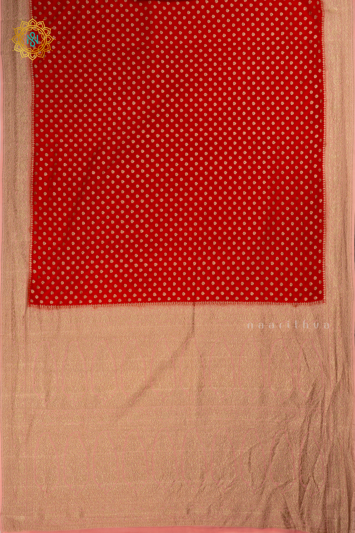 Red with Light Pink - Pure Banarasi Georgette Saree Allover Zari Buttas with Contrast Zari border
