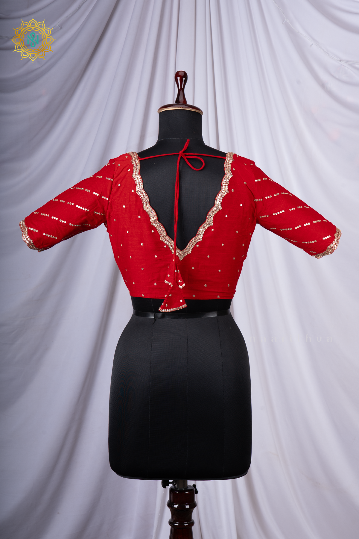 Red Cotton Silk Readymade Blouse with a Scalloped Neckline and Sequin Work