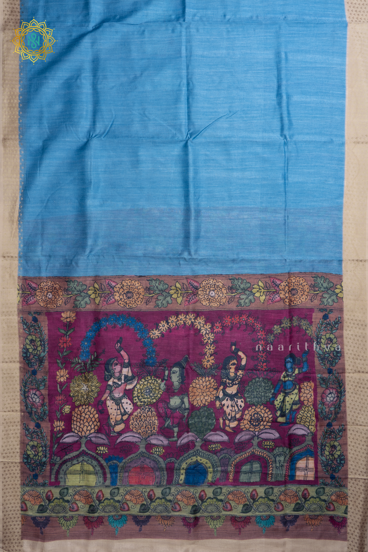 Light Blue With Mauve Semi Cotton Tussar Saree with Printed Body & Contrast Pallu