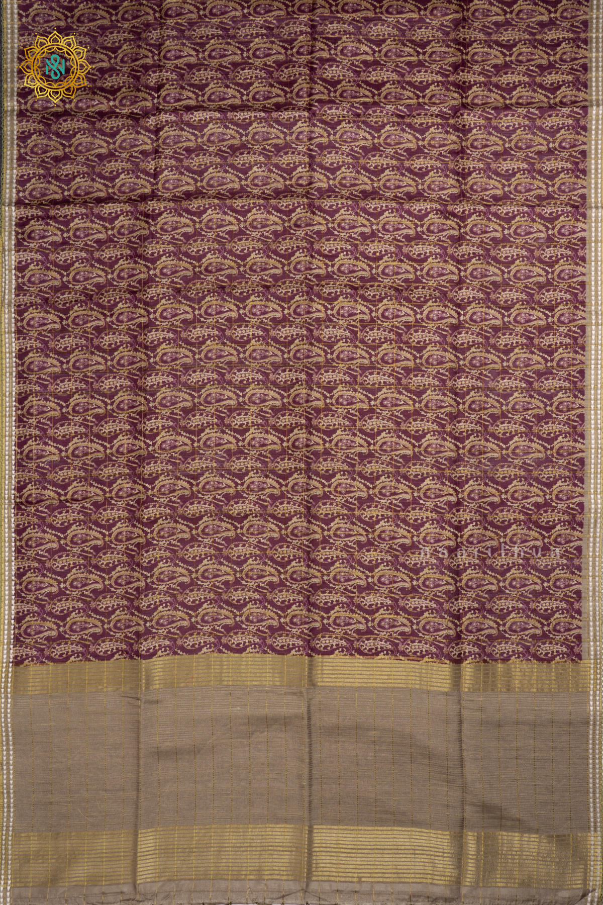 Purple With Beige Semi Tussar Silk Saree Allover Printed And Zari Striped Body With Thread Woven Tissue Border