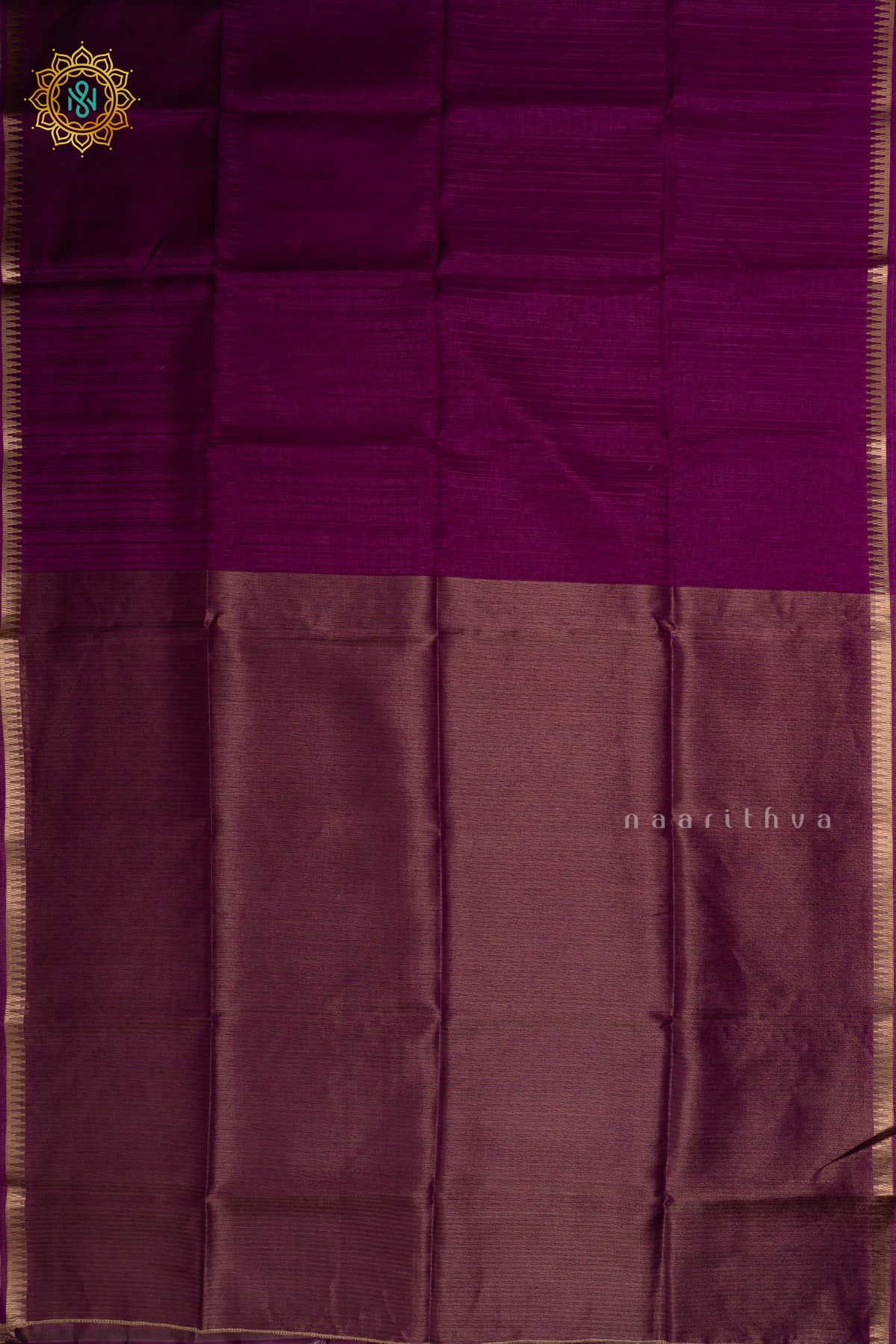 Wine Semi Raw Silk Saree With Plain Body And Temple Zari Border
