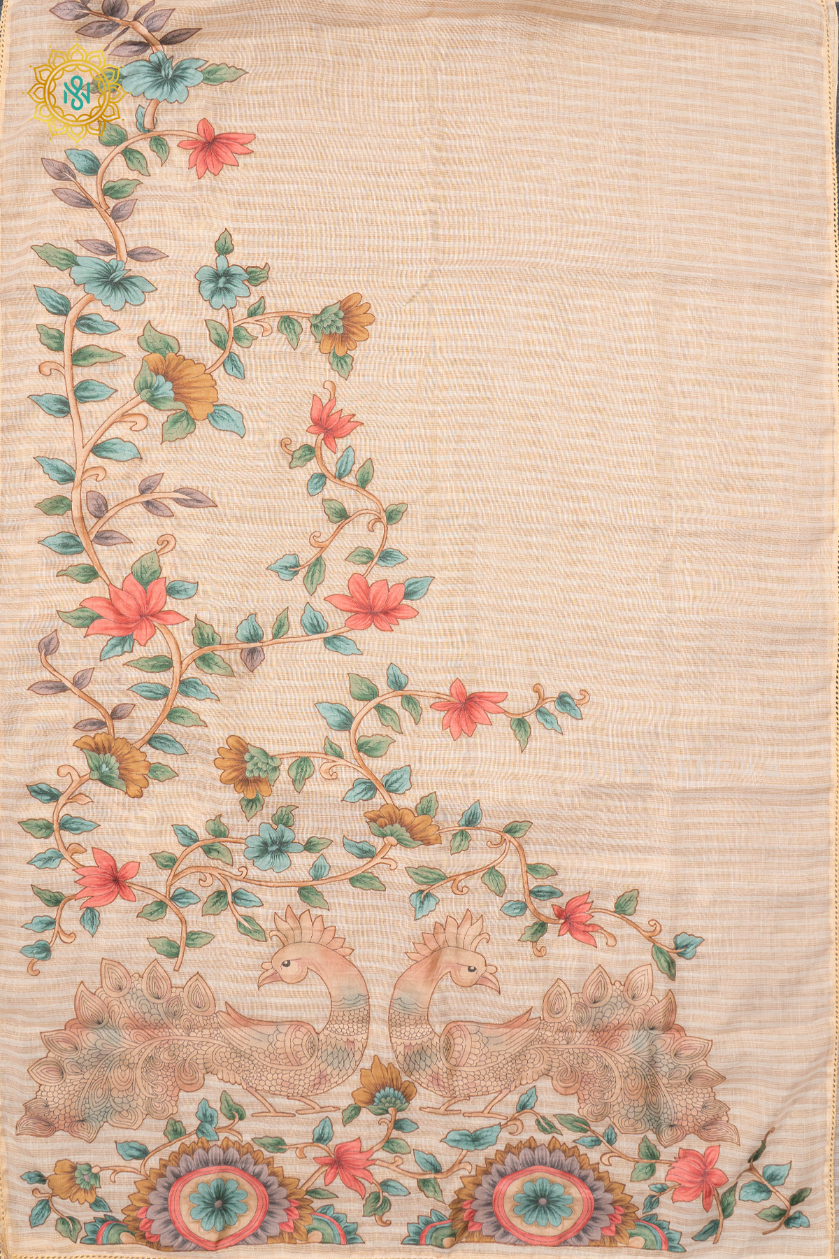 OFF WHITE WITH PISTA GREEN - LINEN TISSUE WITH APPLIQUE WORK