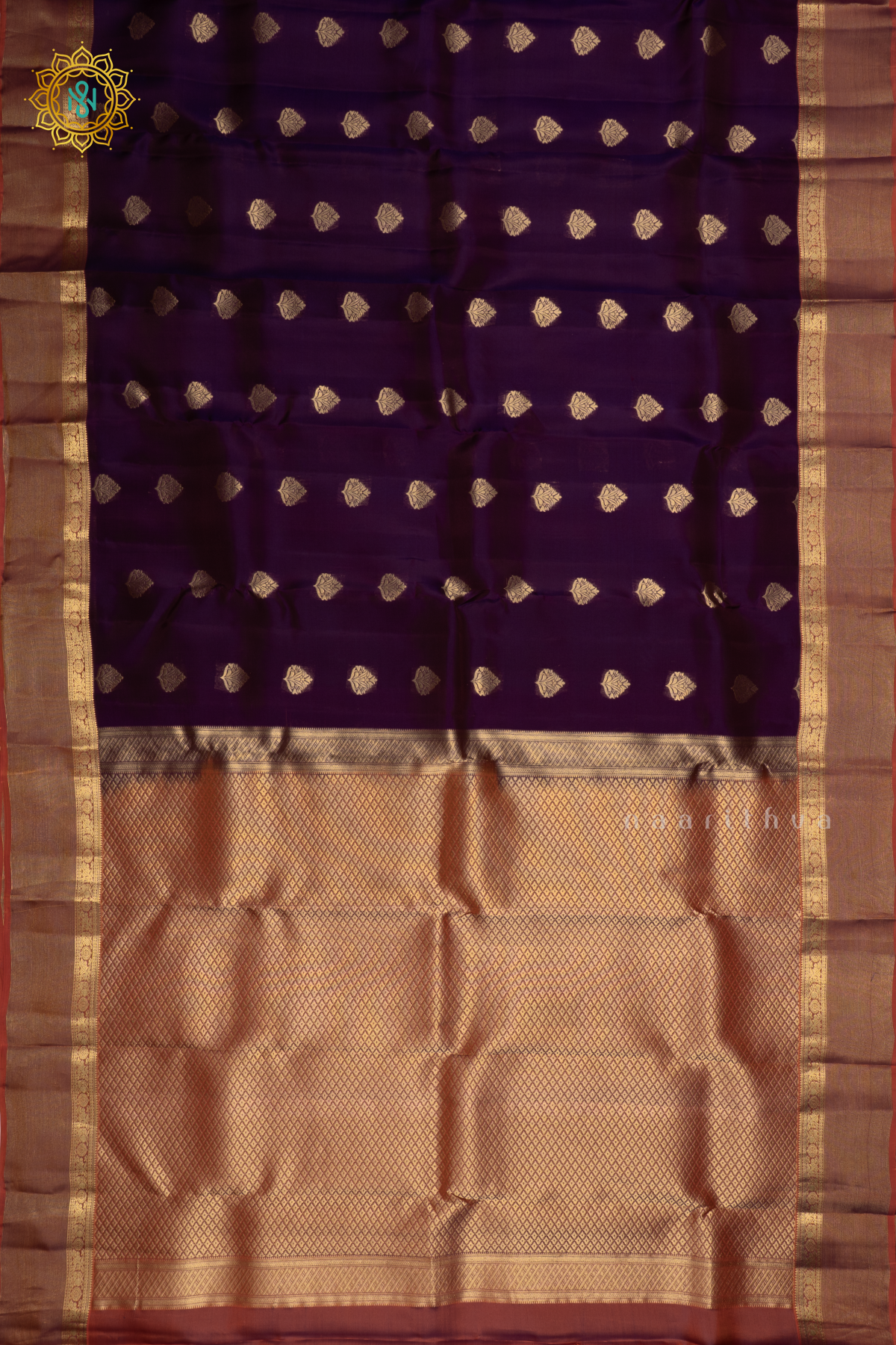 Purple with Orange Pure Mix Kanjivaram Silk Saree with Zari Woven Buttas and Contrast Zari Woven Border With Contrast Pallu & Blouse