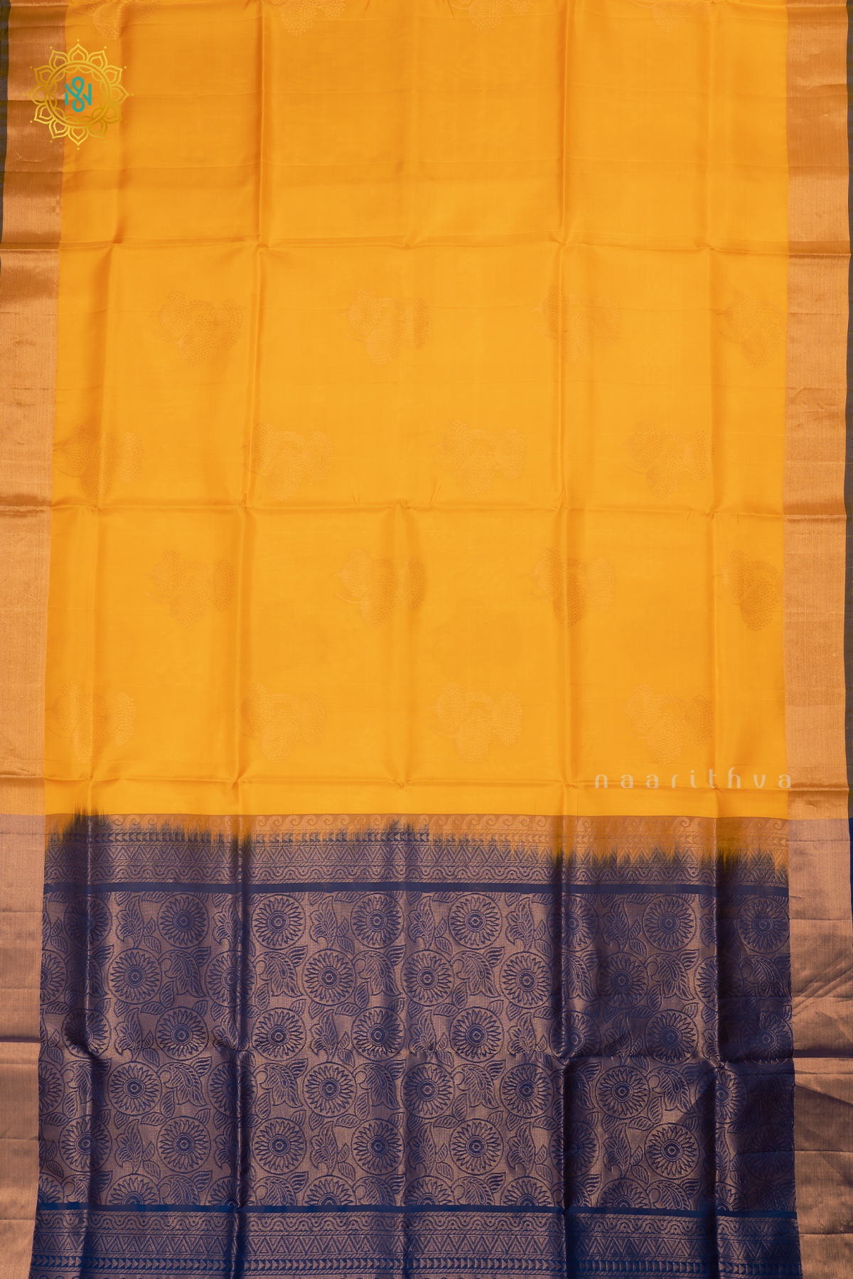 Yellow with Blue Pure Mix Kanjivaram Soft Silk Saree with All-Over Zari Buttas and a Contrast Zari Border