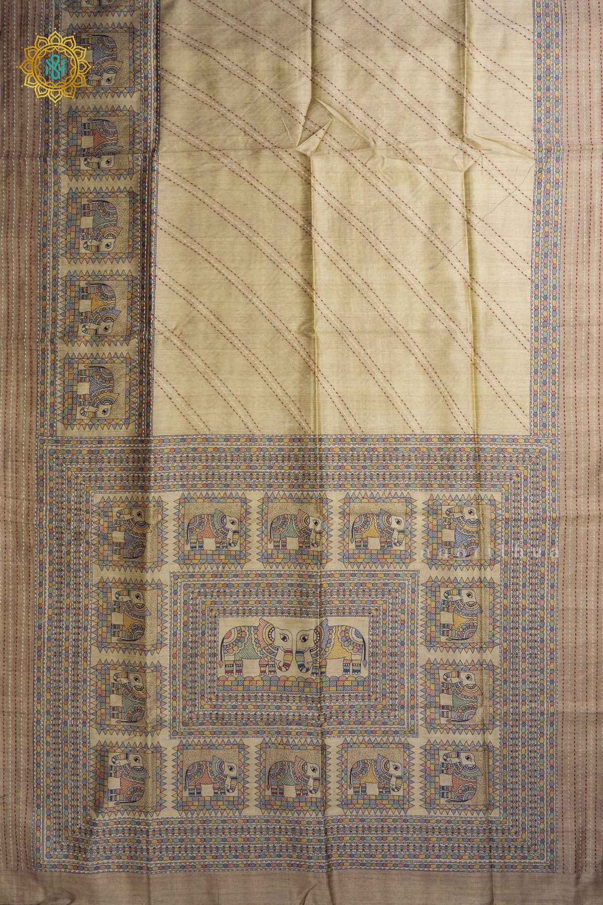 Off White With Beige Semi Tussar Silk Saree with Madhubani Print Pallu & Blouse