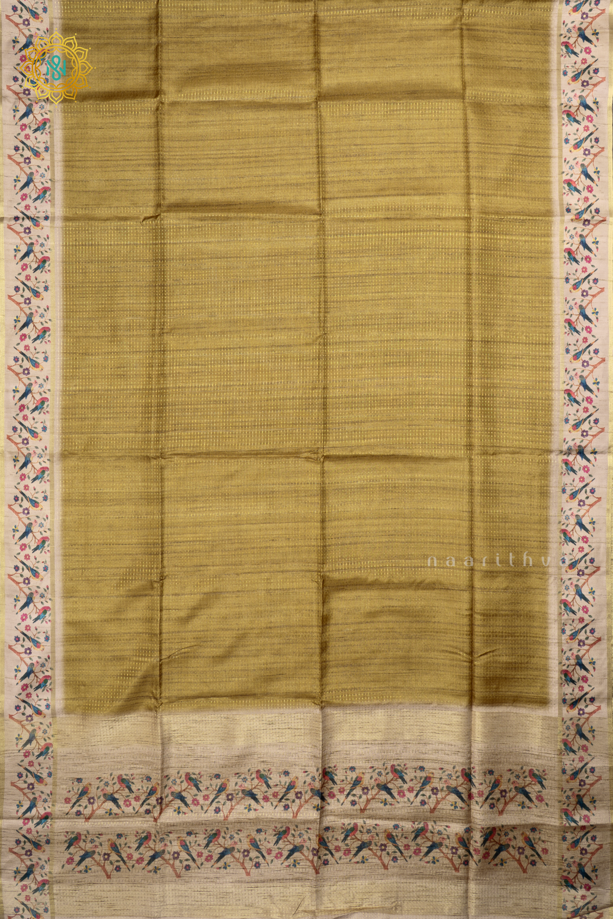 Olive Green With Beige Semi Tussar Silk Saree With Zari Stripes & Buttas On The Body, Printed Border And Contrast Blouse
