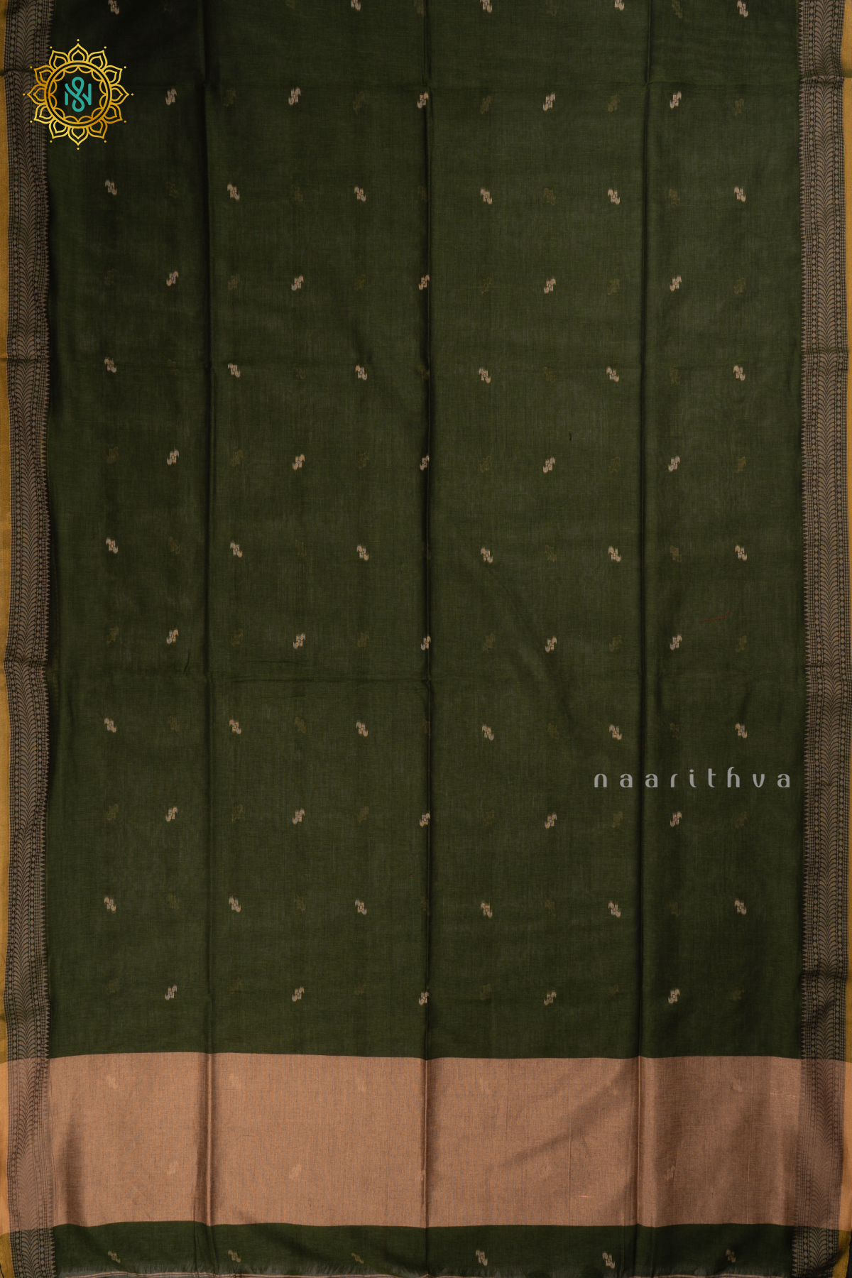 Dark Green Mul Cotton Saree Thread Woven Buttas On The Body With Thread and Zari Woven Border