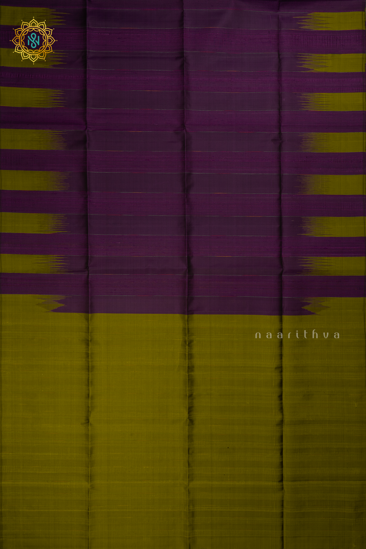 Olive Green with Purple Pure Kanjivaram Soft Silk Saree With Plain Body And Contrast Temple Rising Border, Pallu