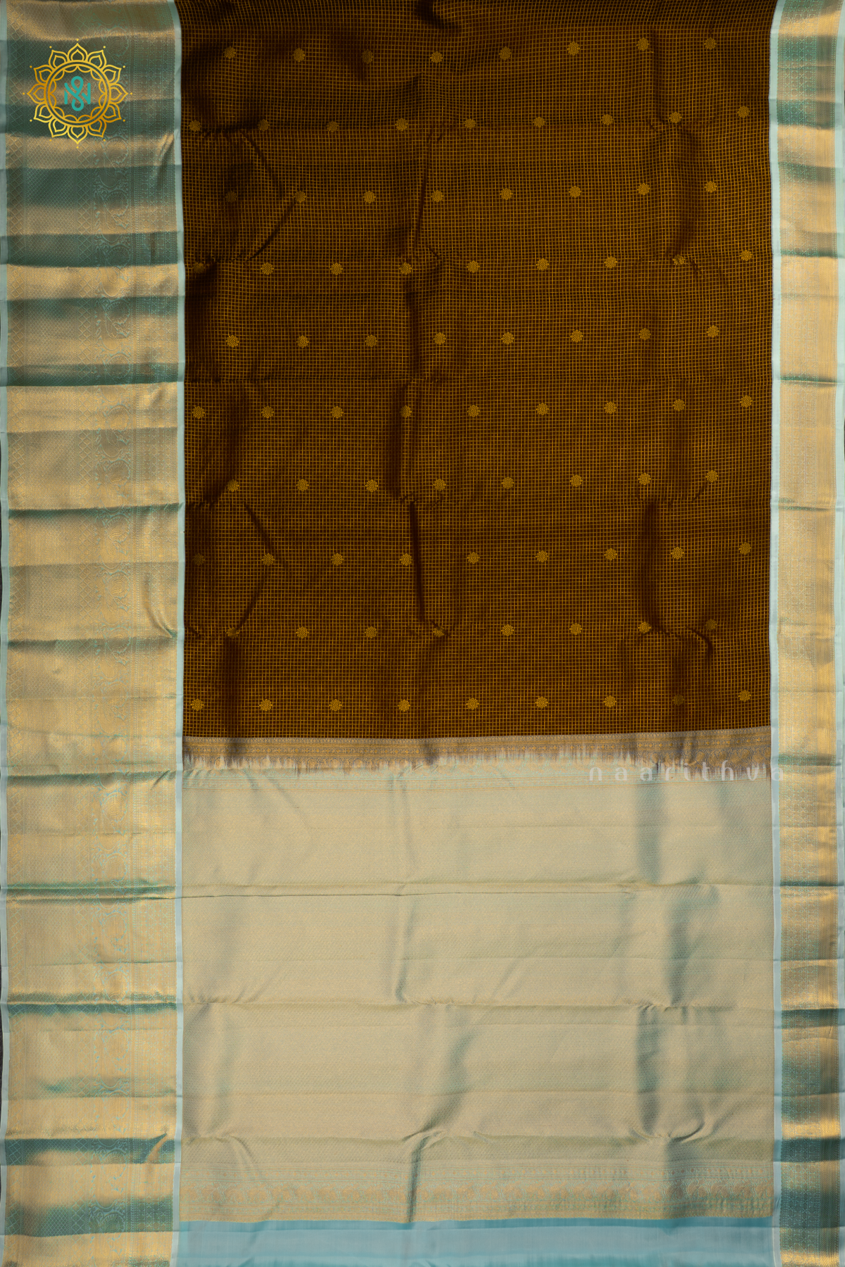 DARK BROWN WITH AQUA BLUE - PURE KANJIVARAM SILK