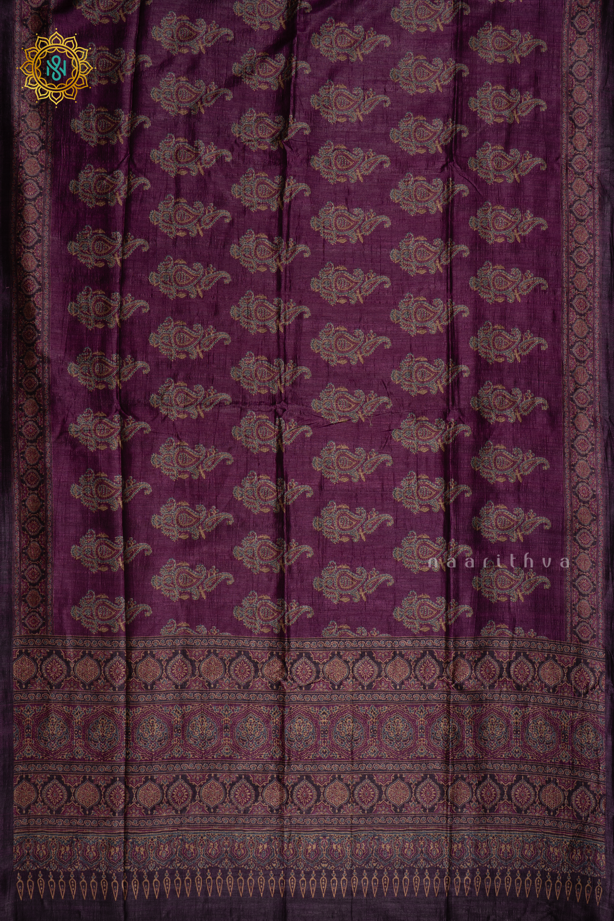 Pinkish Lavender Semi Tussar Silk Saree With Printed Body And Ajrakh Printed Pallu