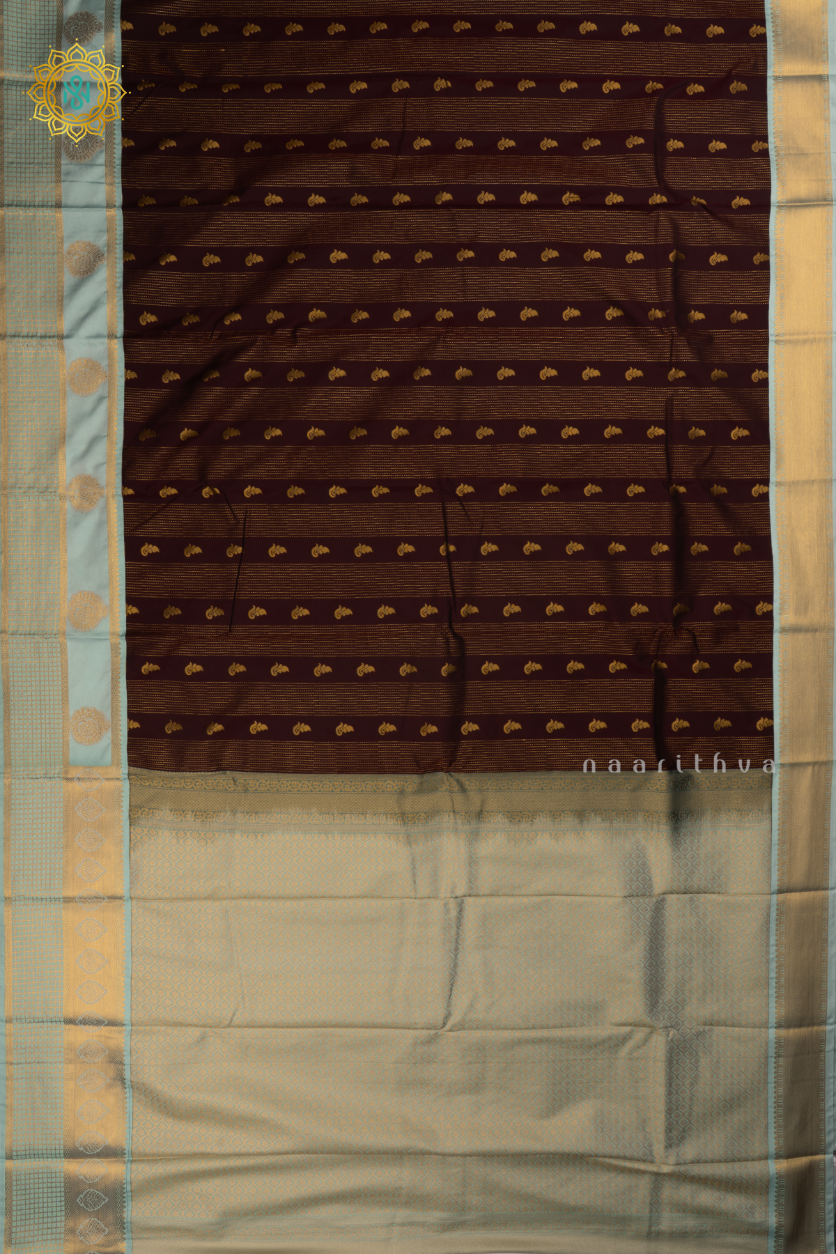 Brown With Light Blue Semi Kanchi Saree With Zari Buttas All Over And Contrast Zari Border