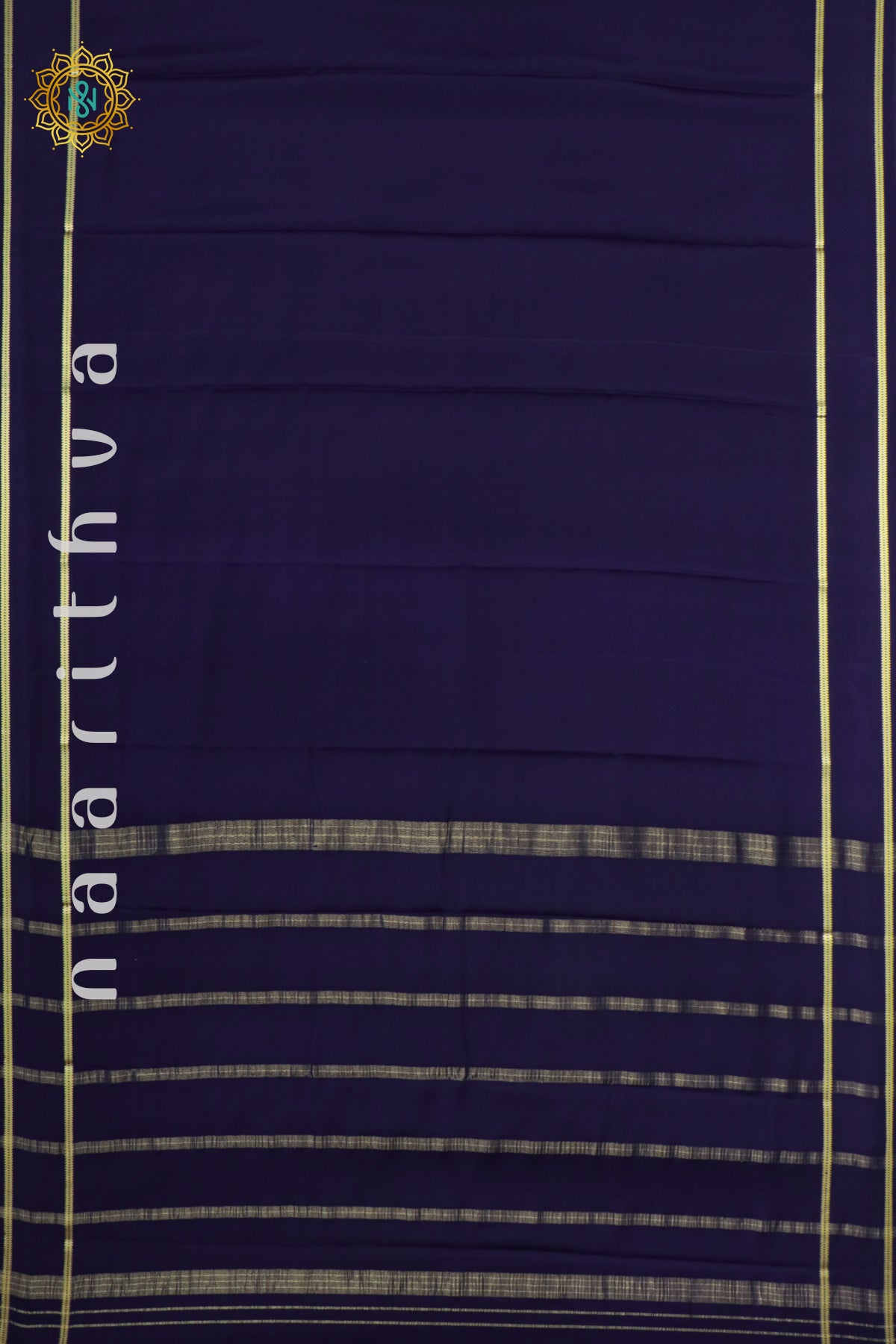 Navy Blue Pure Mysore Crepe Silk Allover Plain Body with Bentex Zari Border