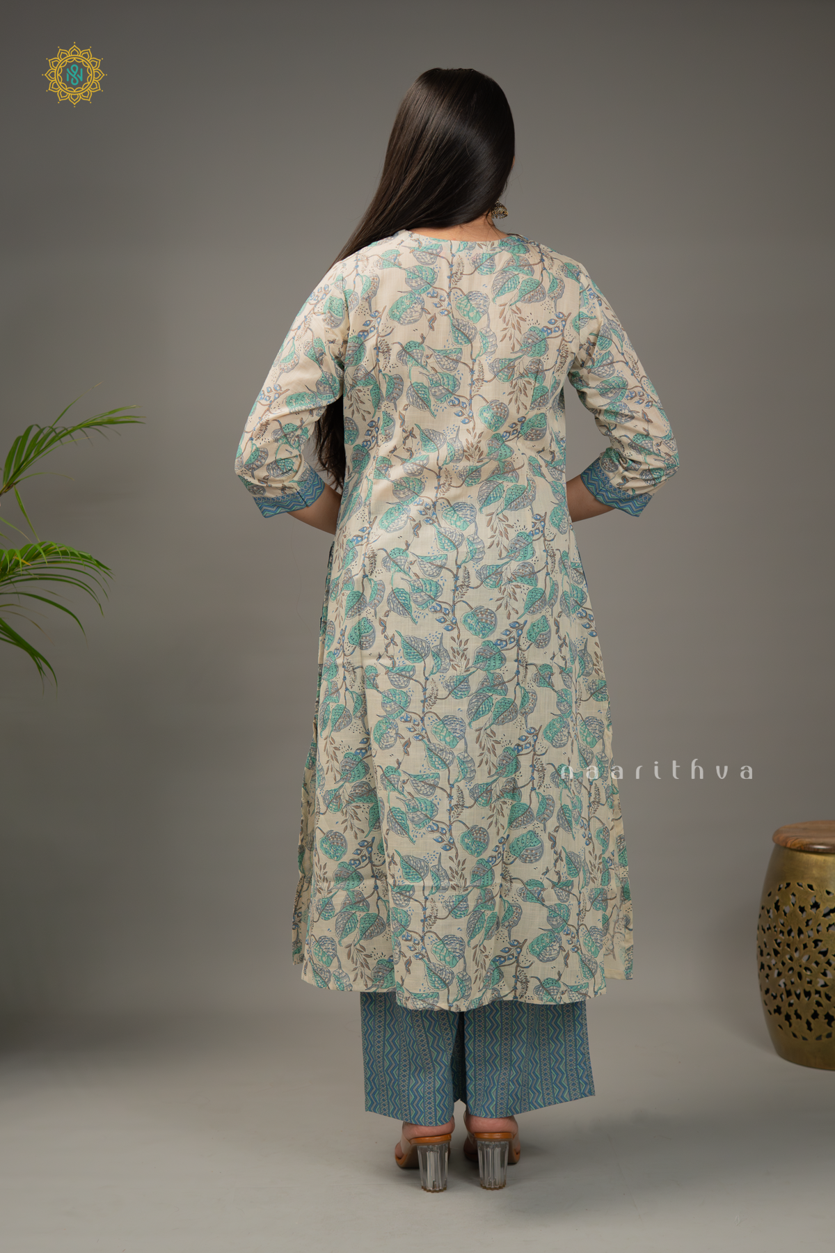WHITE WITH AQUA GREEN & BLUE - LINEN COTTON 2PC SALWAR SUIT WITH PRINTED TOP & BOTTOM