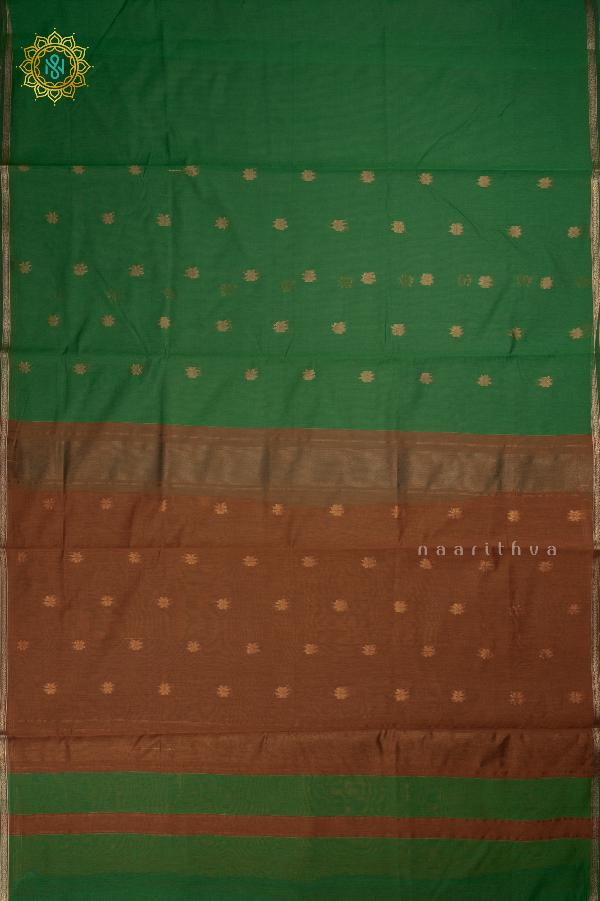 Light Green With Light Brown Silk Cotton Saree With Zari Woven Buttas And Contrast Zari Border
