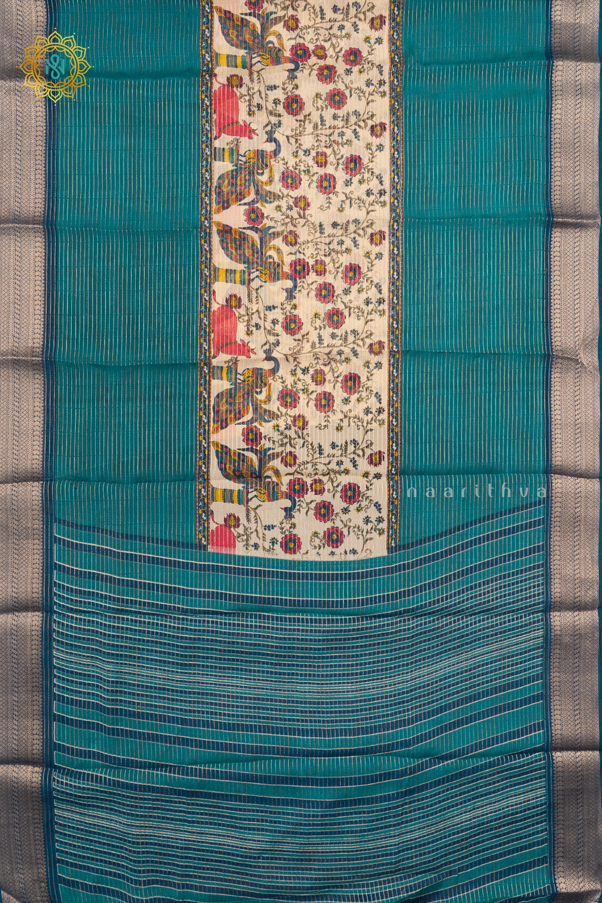 OFF WHITE WITH AQUA GREEN & TEAL BLUE - SEMI GEORGETTE