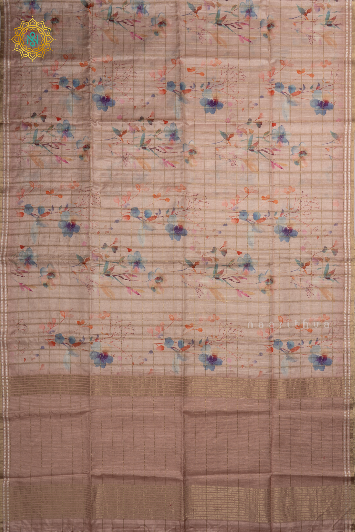 Light Peach - Kotha Tussar Silk Saree with Allover zari Checks and Printed Body with pallu and Blouse