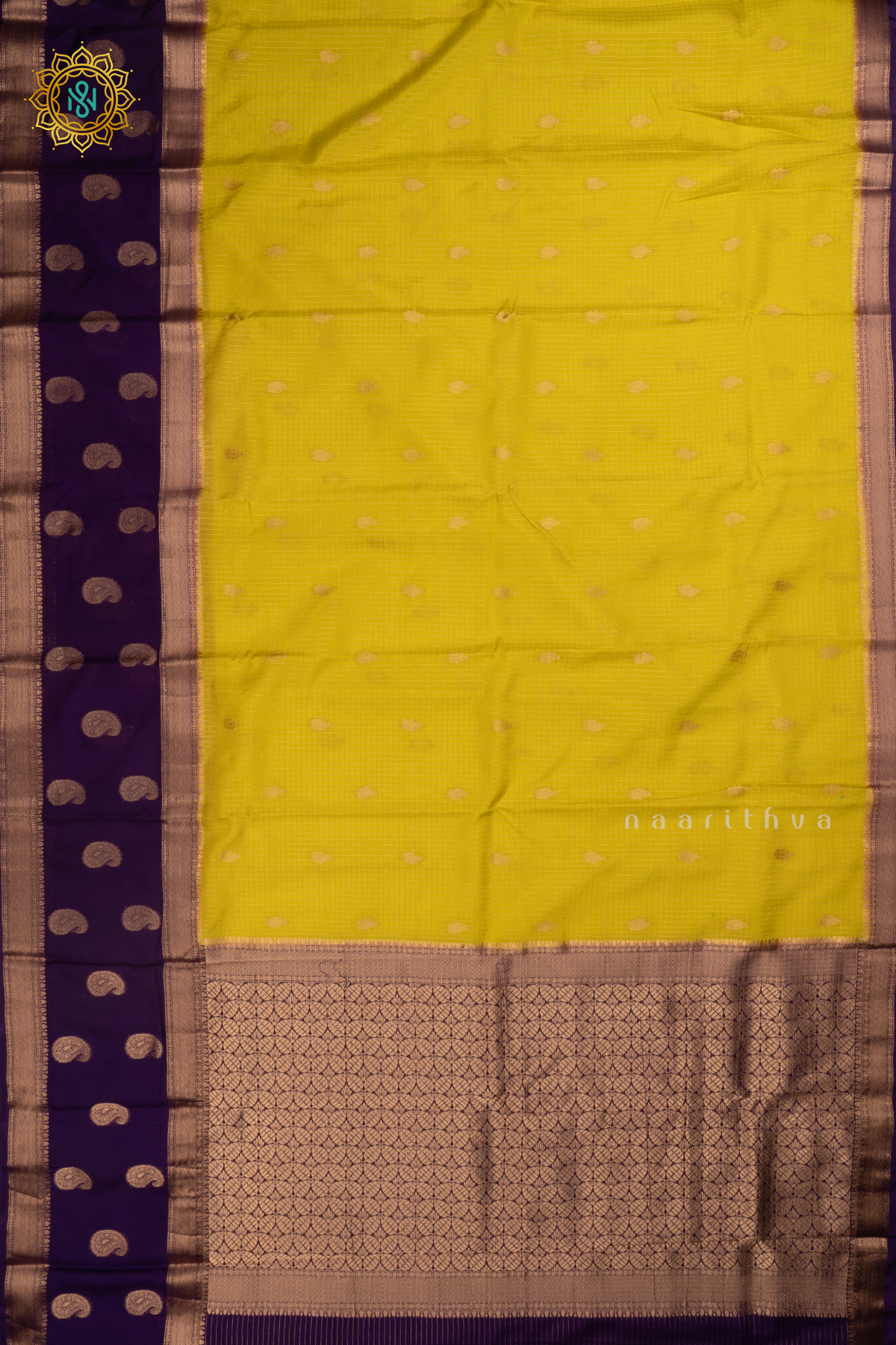 Yellow with Purple Semi Mysore Crepe Silk Saree with All-Over Zari Checks and Buttas and a Contrast Zari Gap Border