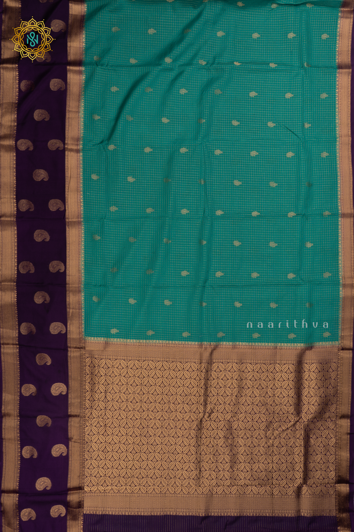 Semi Mysore Crepe Silk Saree with All-Over Zari Checks and Buttas and a Contrast Zari Gap Border