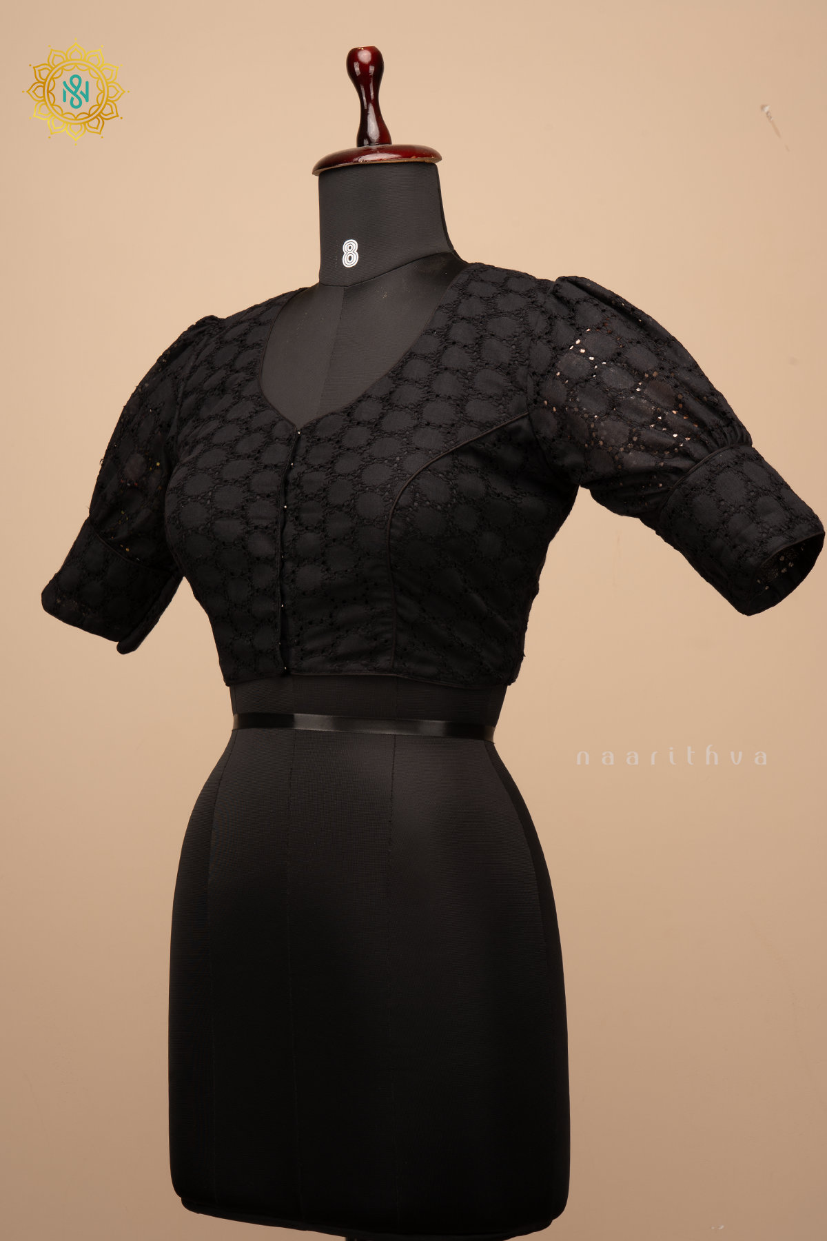 Black - Cotton readymade blouse with hakoba work and puff sleeves