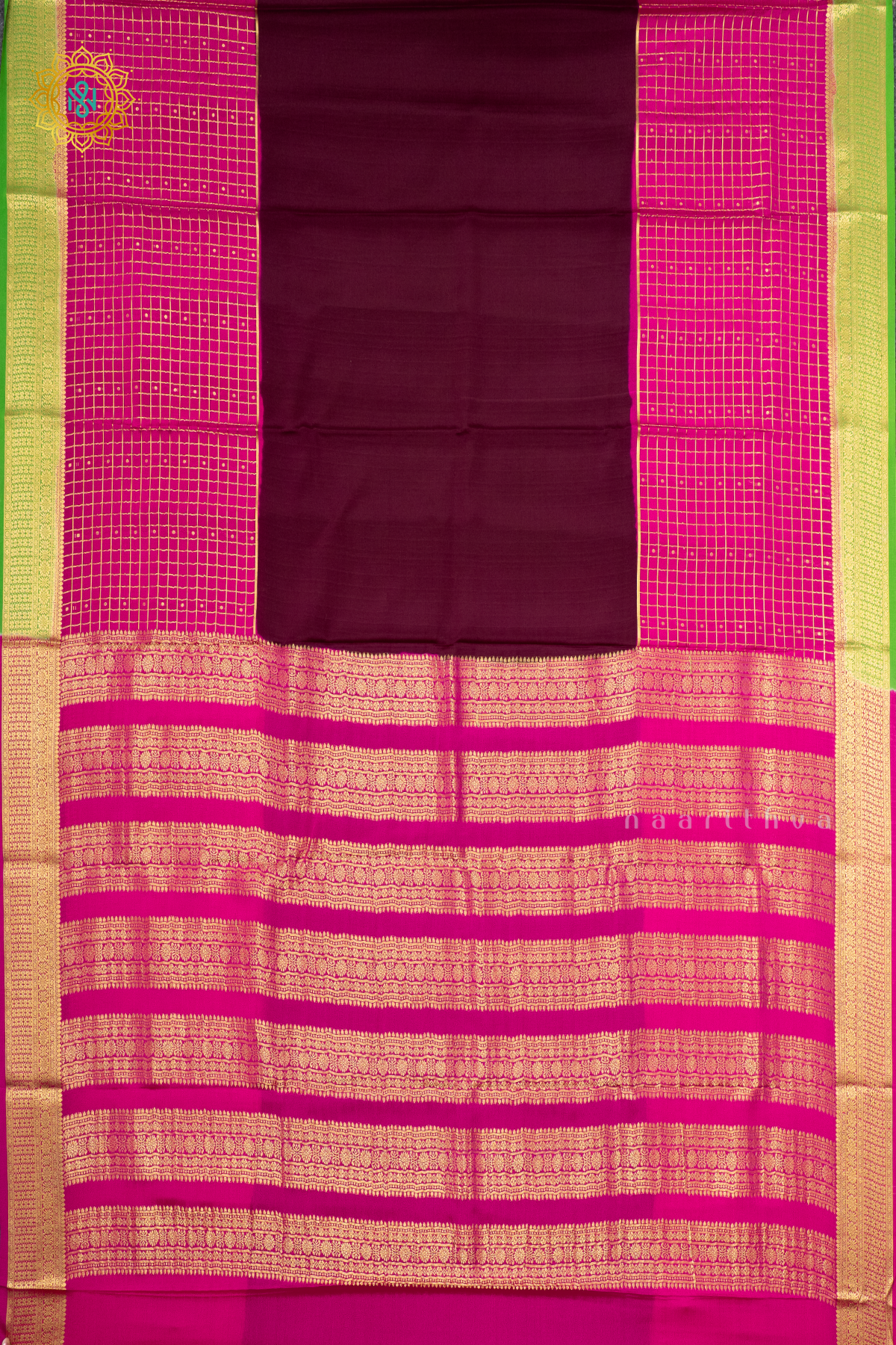 WINE WITH PINK & GREEN - PURE MYSORE CREPE SILK