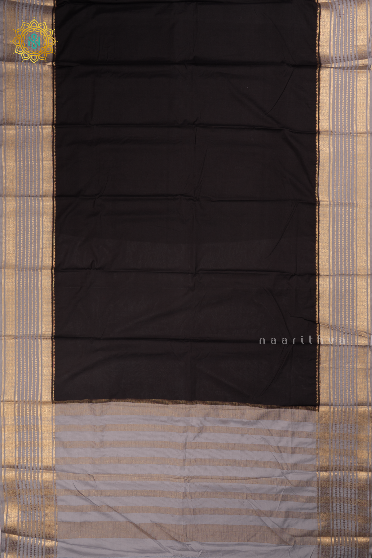 Black with Grey - Semi Crepe Silk Saree with Allover Plain Body with Contrast Zari Border, Pallu and Blouse