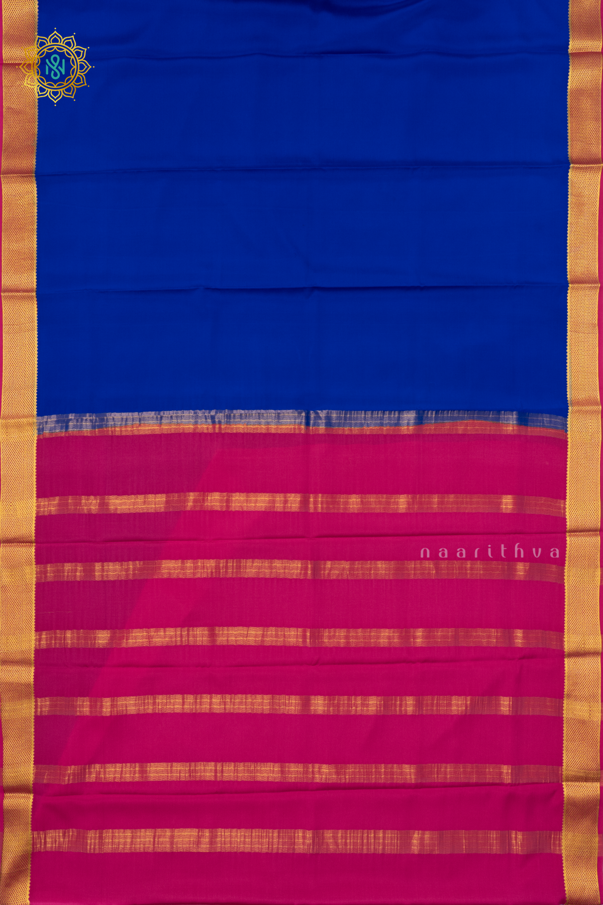 ROYAL BLUE WITH PINK - PURE MYSORE CREPE SILK