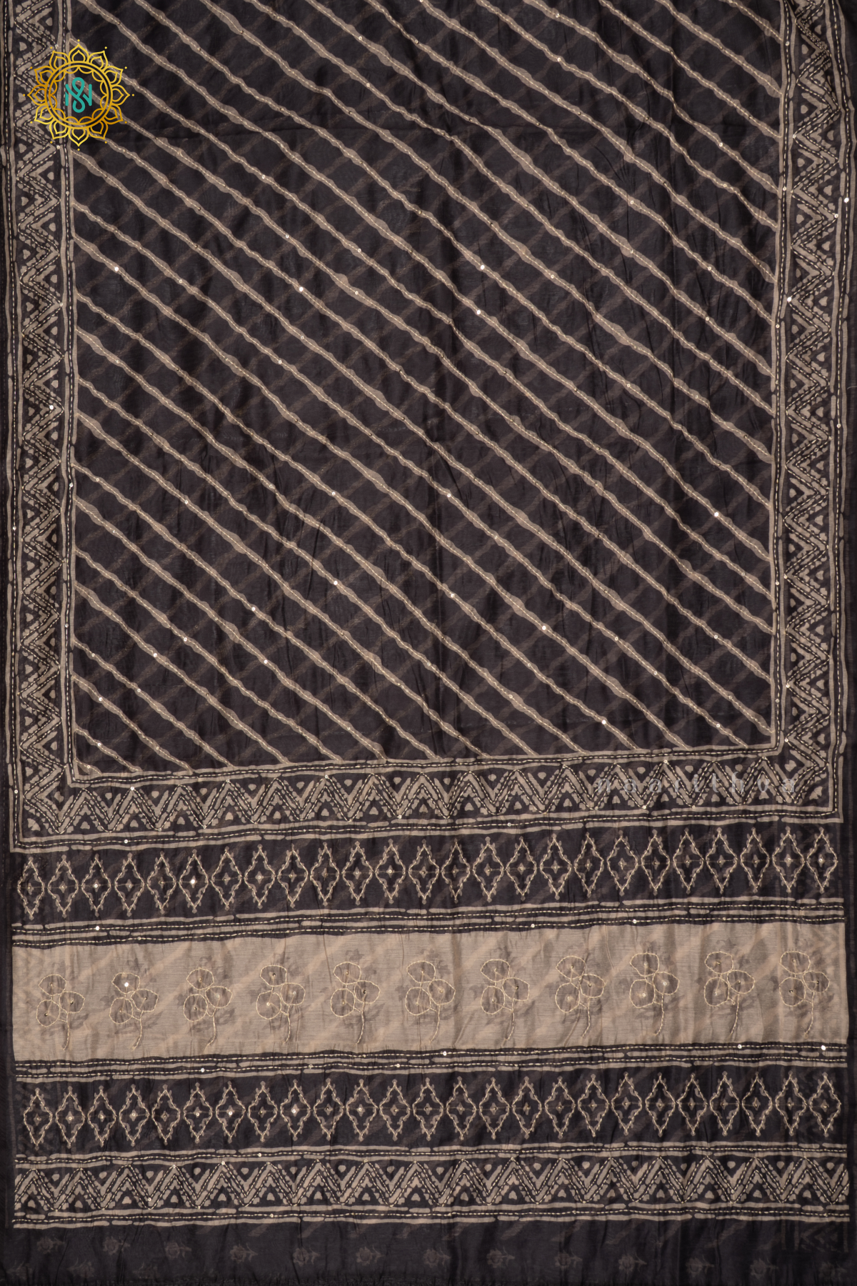 Black Chanderi Cotton Saree With Printed Body And Katha Work All Over