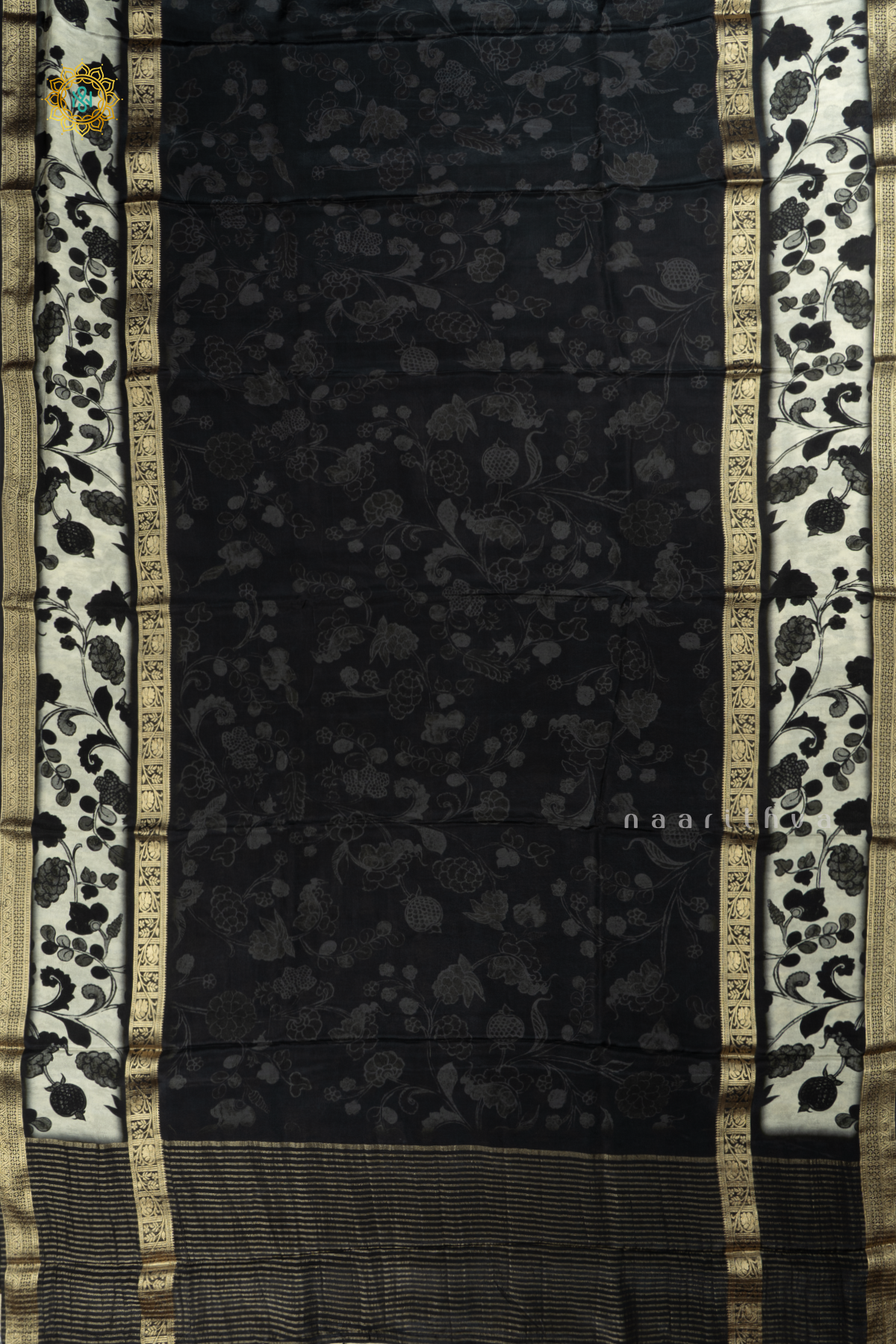 Black With Off White Printed Semi Crepe Silk Saree With Contrast Bentex Zari Border & Pallu