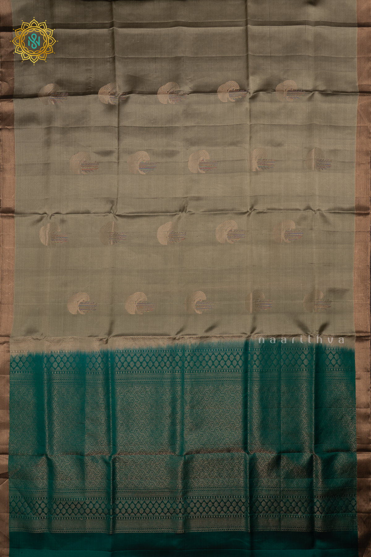 Sage Green with Green Pure Mix Kanjivaram Soft Silk Saree with All-Over Zari Buttas and a Contrast Zari Border