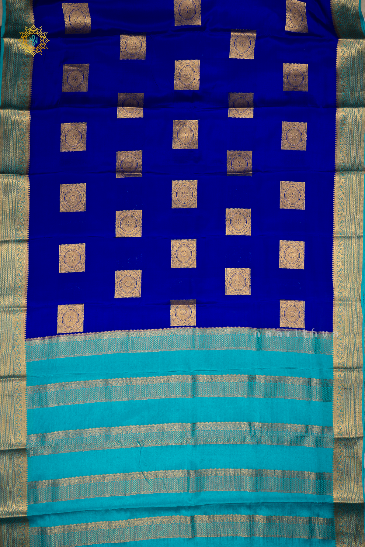 ROYAL BLUE WITH SKY BLUE - PURE MYSORE CREPE SILK