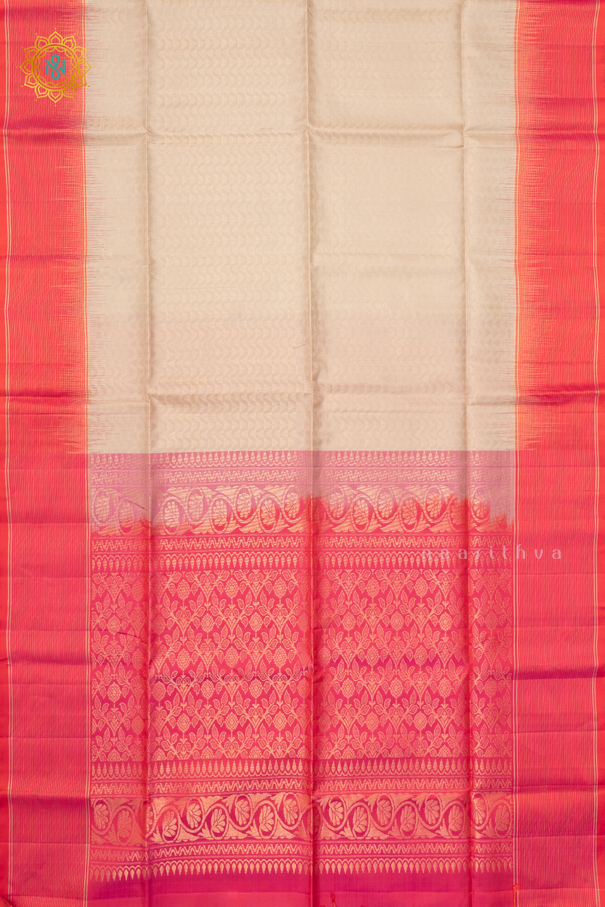 OFF WHITE WITH ORANGEISH PINK - PURE KANJIVARAM SOFT SILK