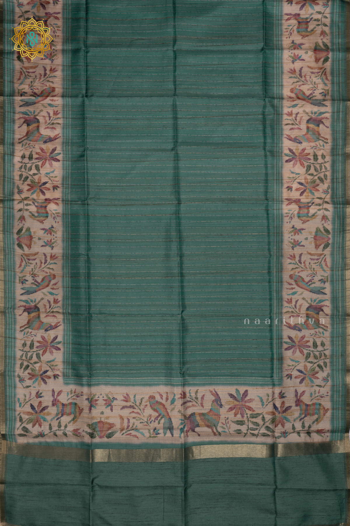 Aqua Green Semi Tussar Silk Saree With Printed Body And Printed Border