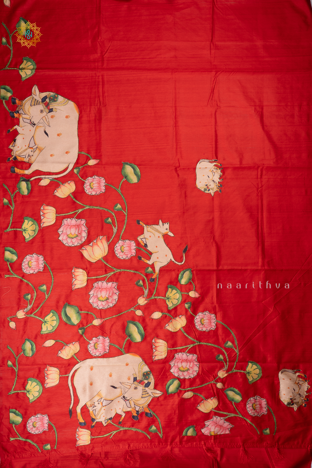 RED - SEMI TUSSAR WITH APPLIQUE WORK