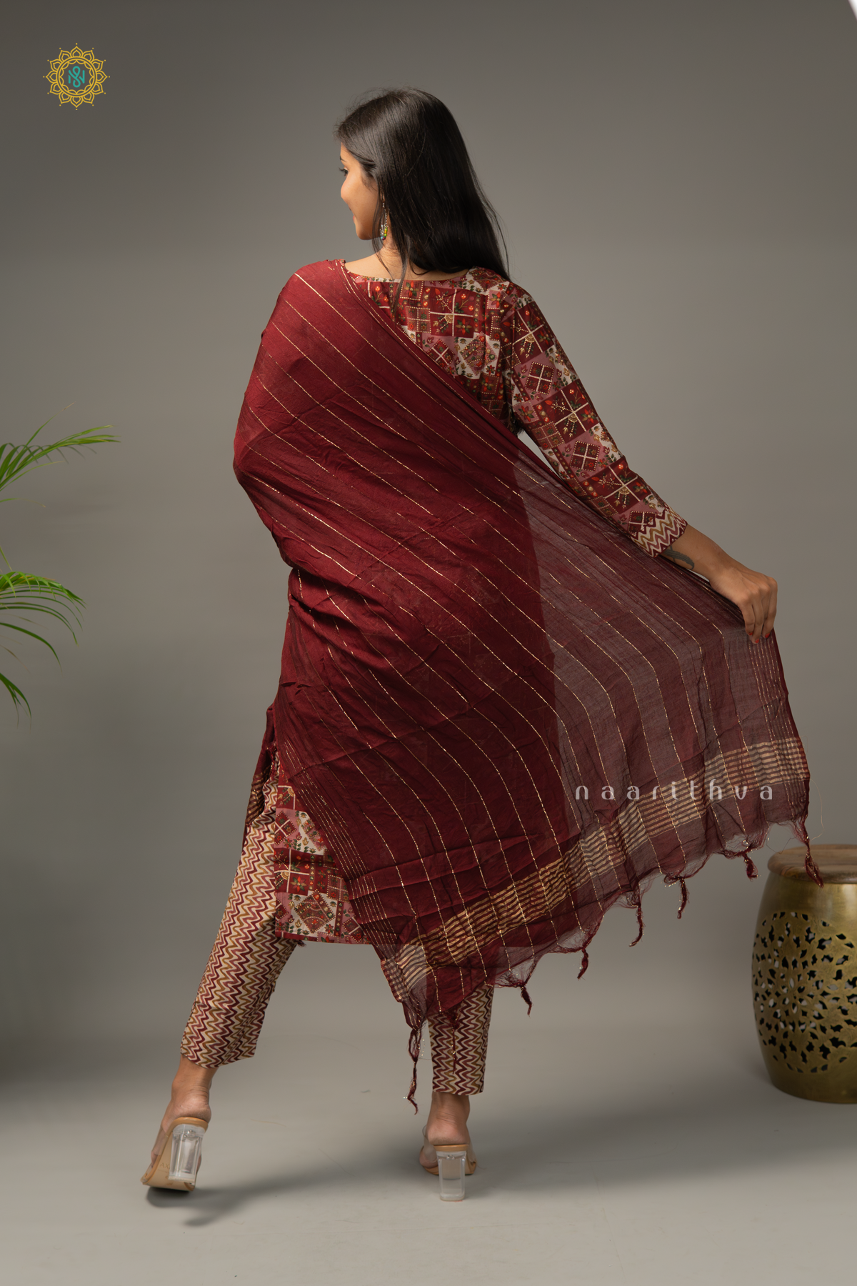 MAROON - RAYON 3PC SALWAR SUIT WITH PRINTED TOP, BOTTOM & DUPATTA