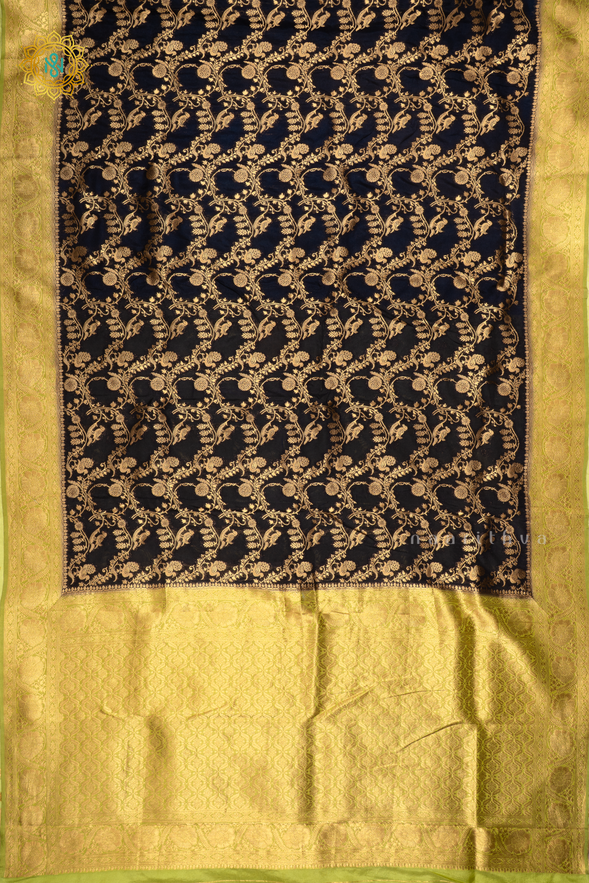 Navy Blue With Green Semi Crepe Georgette Saree With Brocade Body And Contrast Zari Border