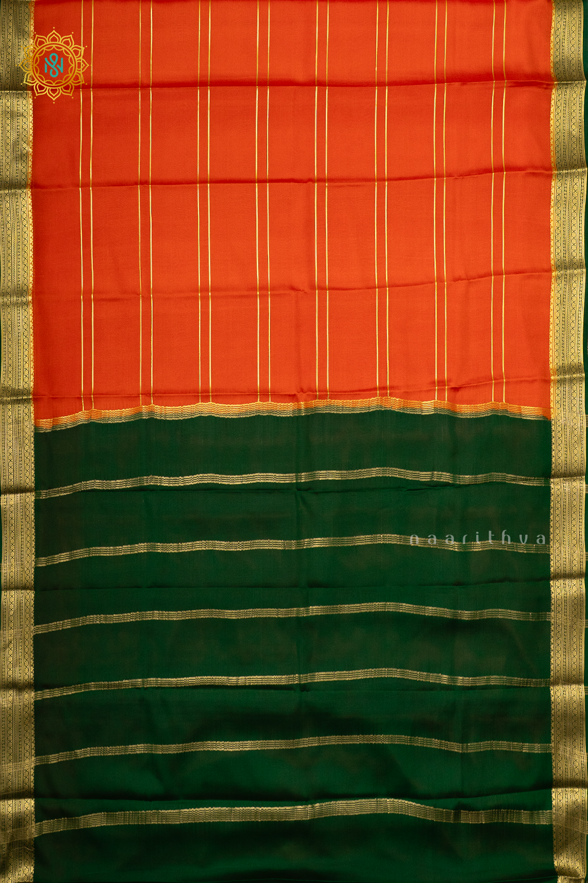 ORANGE WITH GREEN - PURE MYSORE CREPE SILK