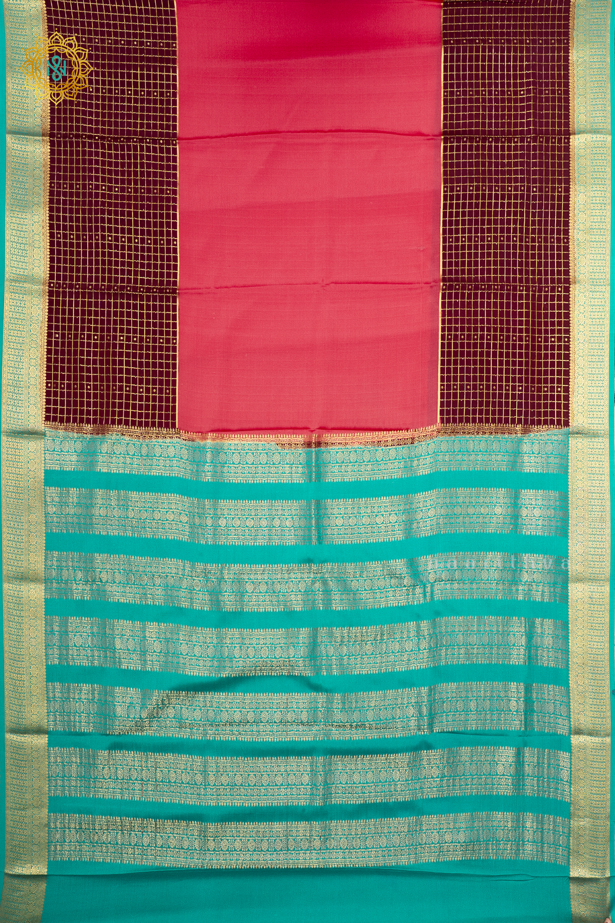 PEACHISH PINK WITH BROWN & AQUA GREEN - PURE MYSORE CREPE SILK