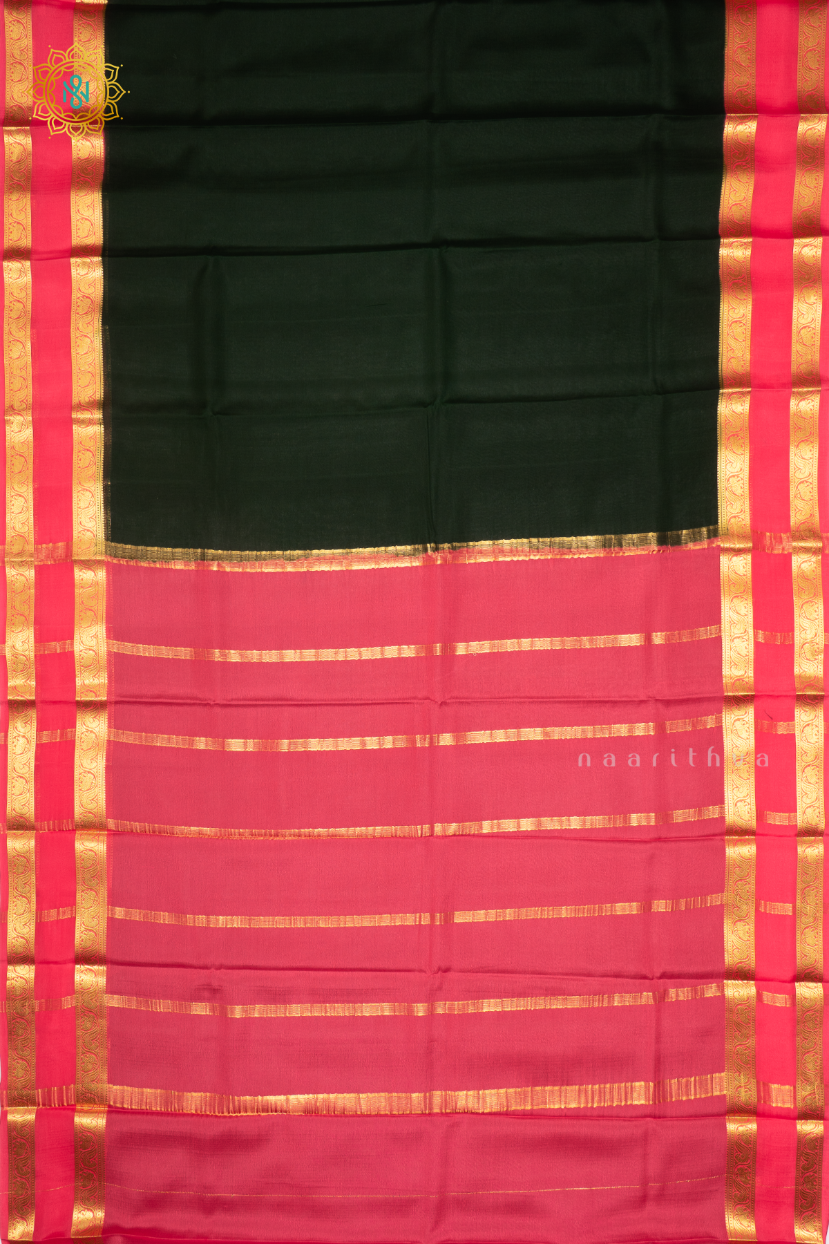 BOTTLE GREEN WITH PEACHISH PINK - PURE MYSORE CREPE SILK