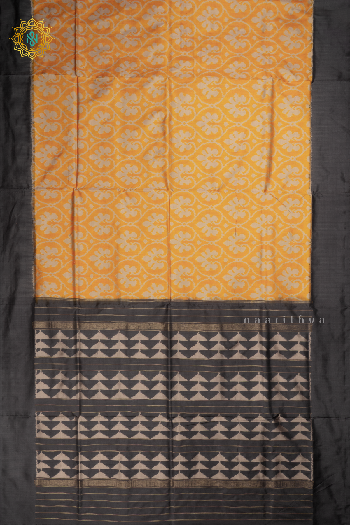 Yellow with Grey Ikkat Pure Silk Saree with Patola Printed Body and Contrast Border