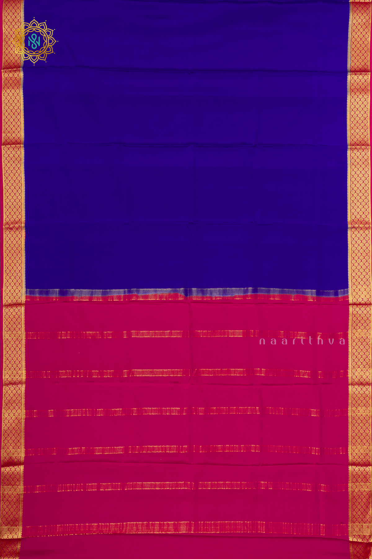 ROYAL BLUE WITH PINK - PURE MYSORE CREPE SILK