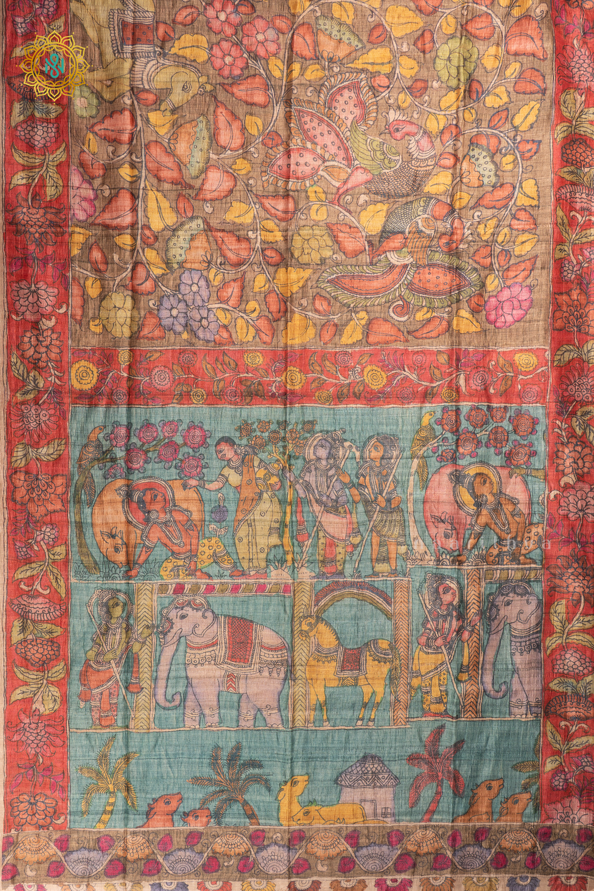 Light Brown With Aqua Green - Semi Gicha Tussar Saree Allover Kalamkari Printed Body With Pallu And Blouse