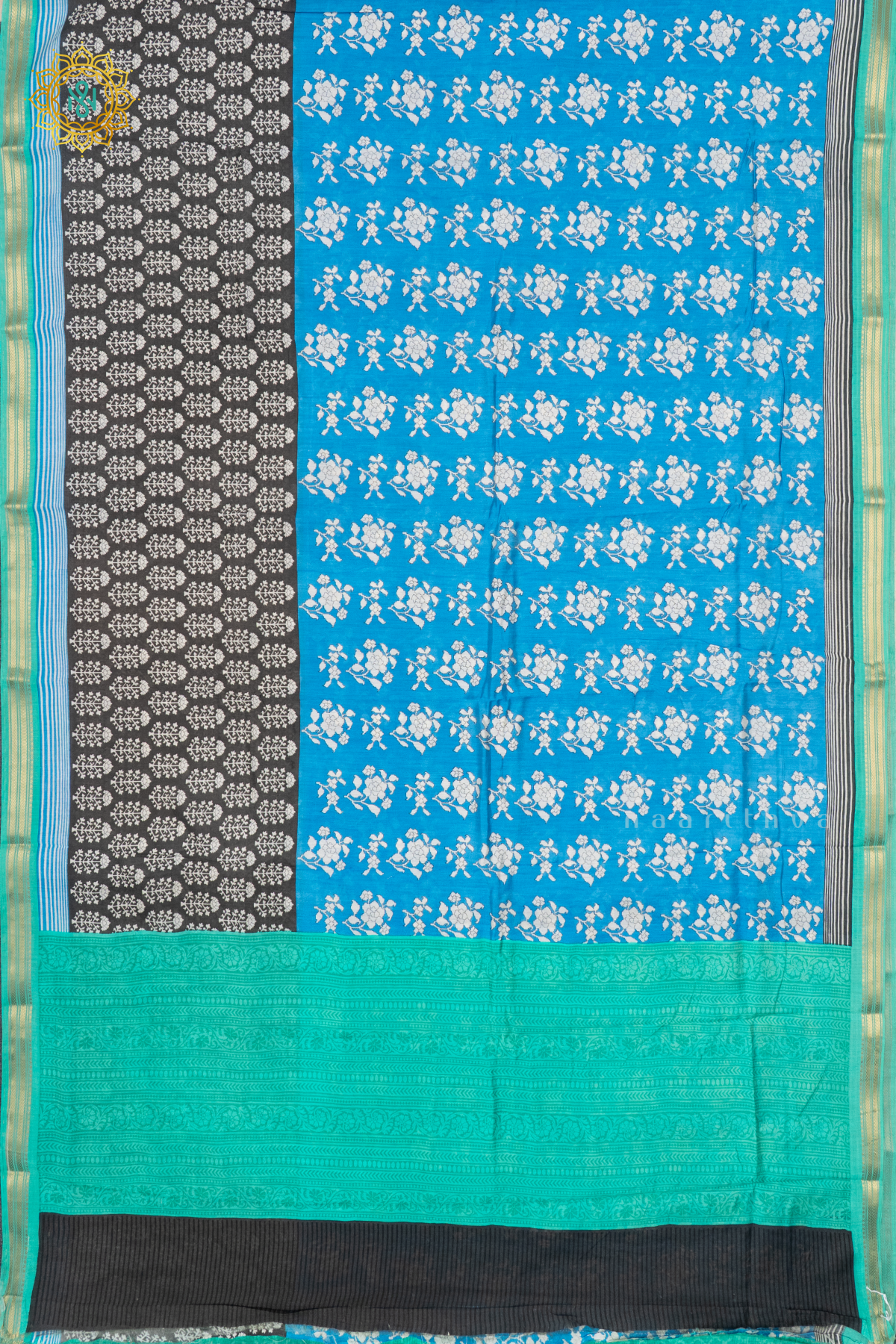 SKY BLUE WITH ELEPHANT GREY & AQUA GREEN - BUTTER CREPE