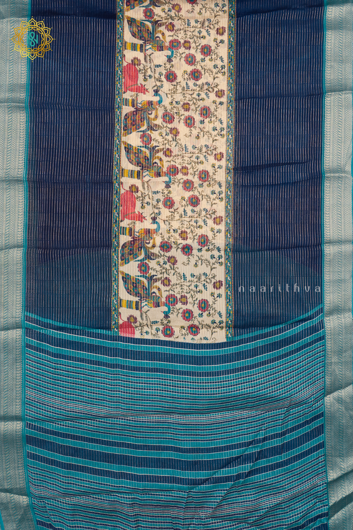 OFF WHITE WITH NAVY BLUE & SKY BLUE - SEMI GEORGETTE