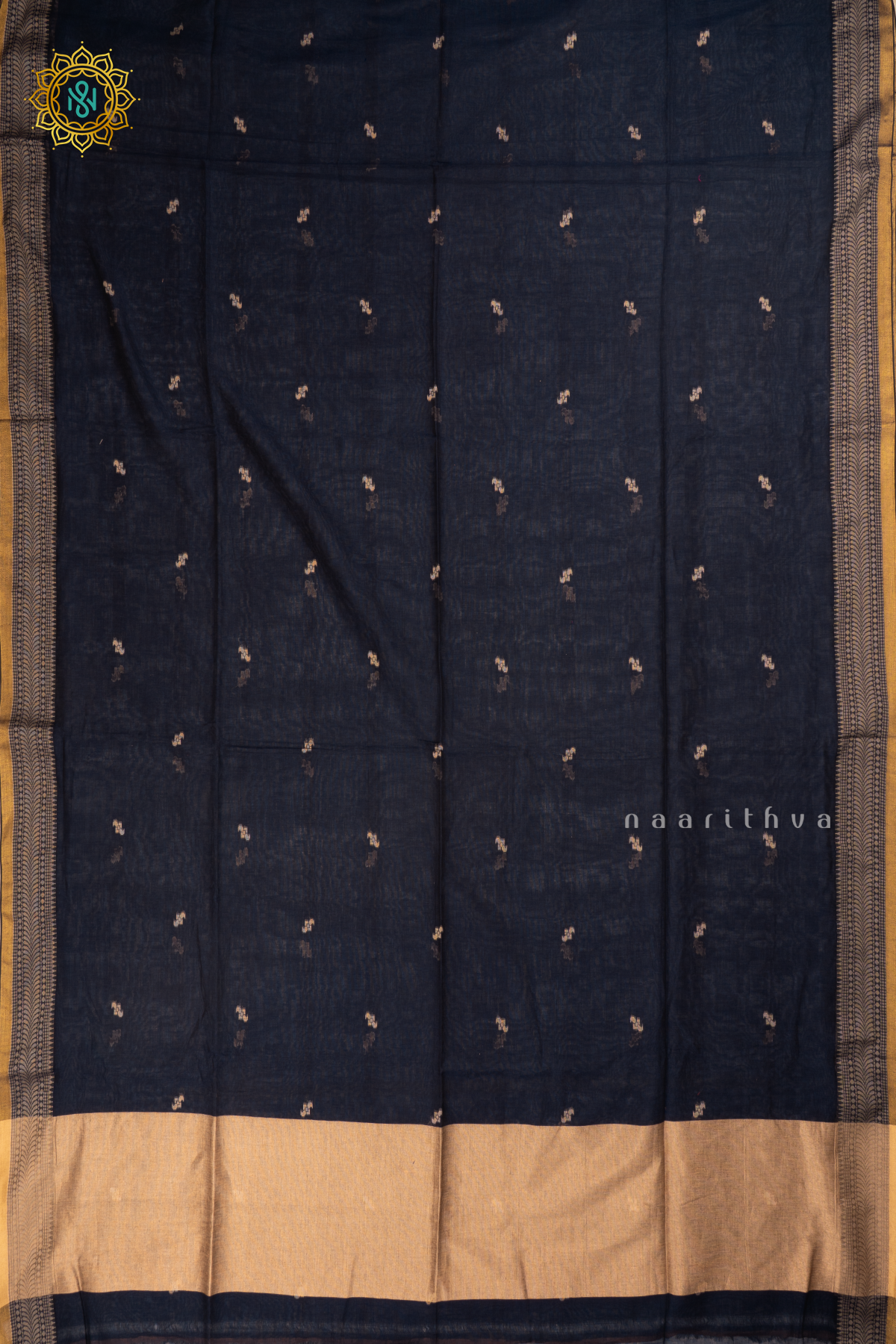 Navy Blue Mul Cotton Saree Thread Woven Buttas On The Body With Thread and Zari Woven Border