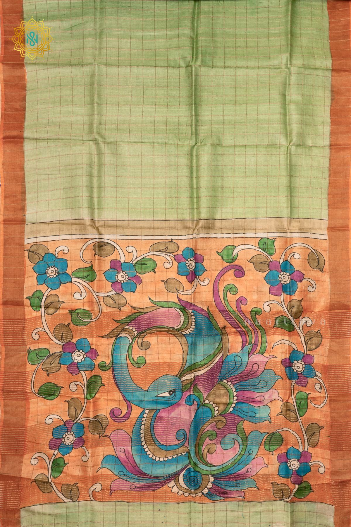 PISTA GREEN WITH PEACH - PURE TUSSAR SILK