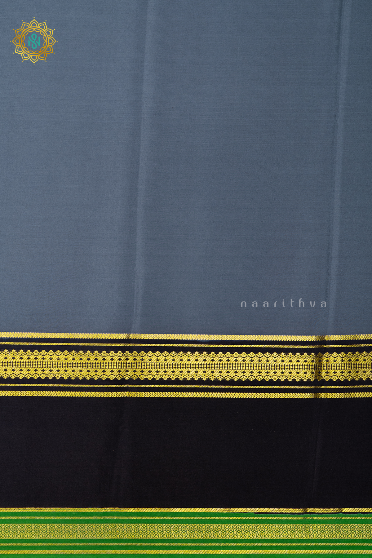 ELEPHANT GREY WITH BLACK & GREEN - PURE MYSORE CREPE SILK