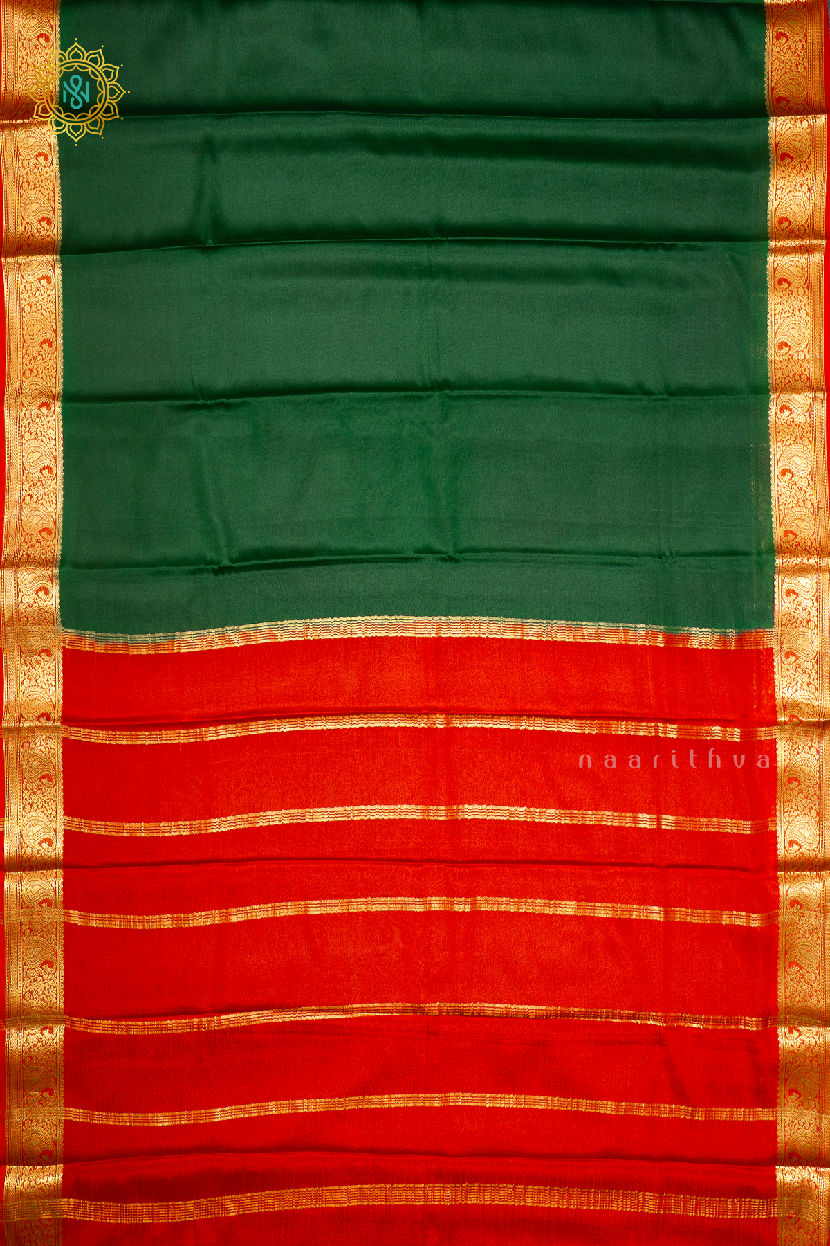 BOTTLE GREEN WITH RED - PURE MYSORE CREPE SILK