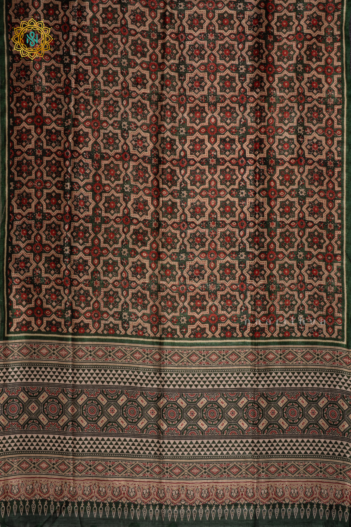 Bottle Green - Semi Gicha Tussar Saree Allover Ajrakh Printed Body With Pallu And Blouse